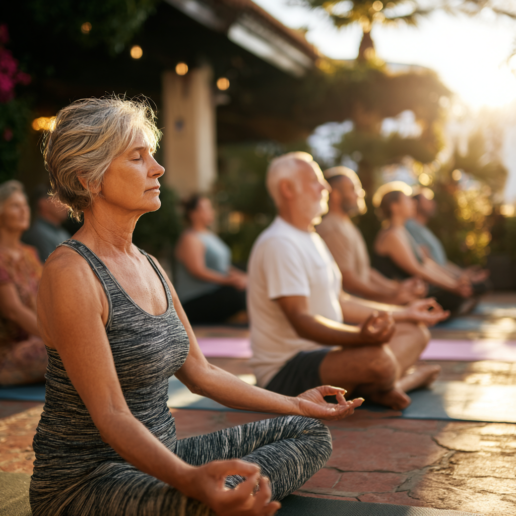 Group of diverse Uzbek adults in their 40s and 50s practicing yoga poses in a bright studio, showing proper form and peaceful expressions