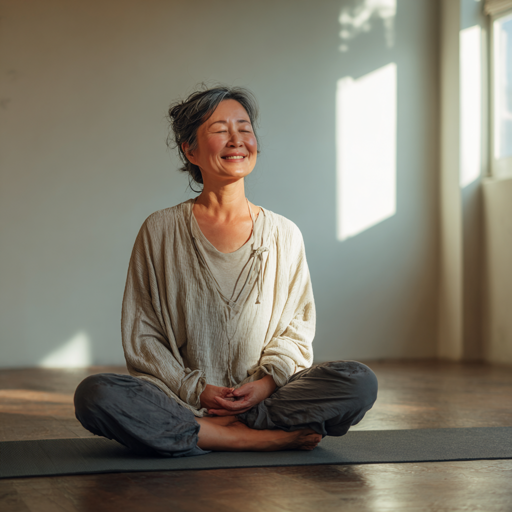 Elderly Uzbek couple in their 60s practicing gentle yoga stretches together in a peaceful home setting, both smiling and supporting each other